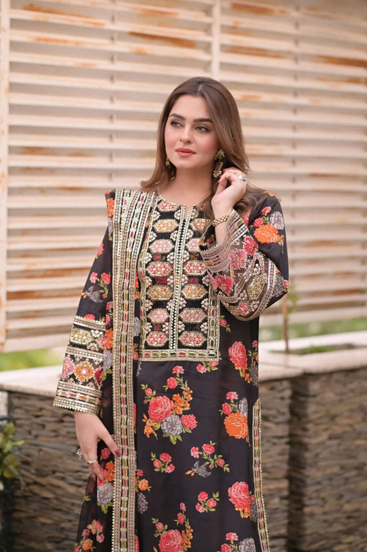 3 Piece Unstitched Embroidered Shamoz Silk Suit | Vol 2