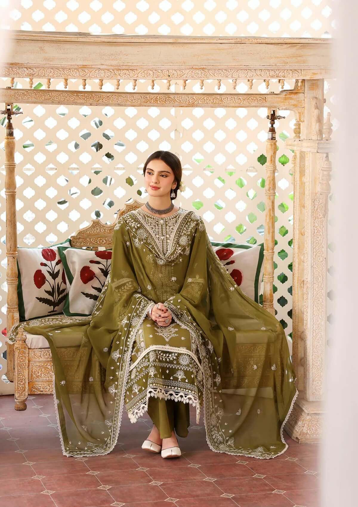 MR-590 3 Piece Unstitched Heavy Embroidered Lawn Suit with Heavy Embroidered Chiffon Dupatta