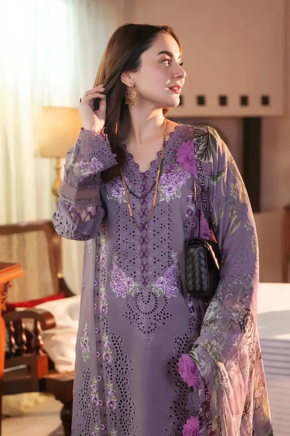 JD-2680 3 Piece Unstitched Heavy Embroidered Lawn Suit with Fine Printed Cambric Dupatta