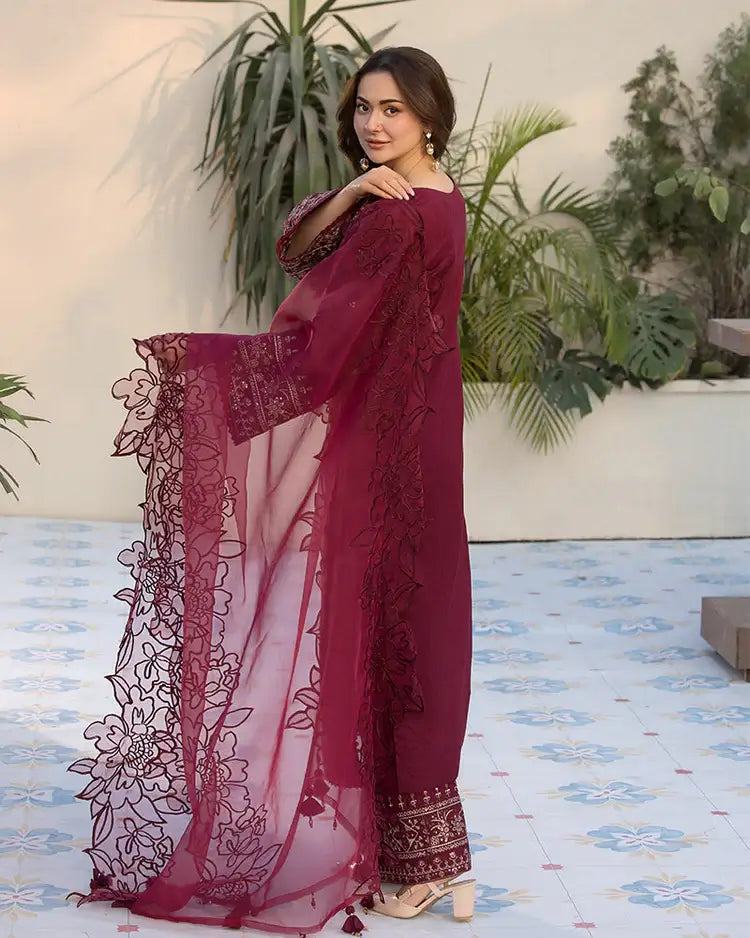 QL-2685 3 Piece Unstitched Heavy Embroidered Lawn Suit with Four-sided Embroidered Organza Dupatta