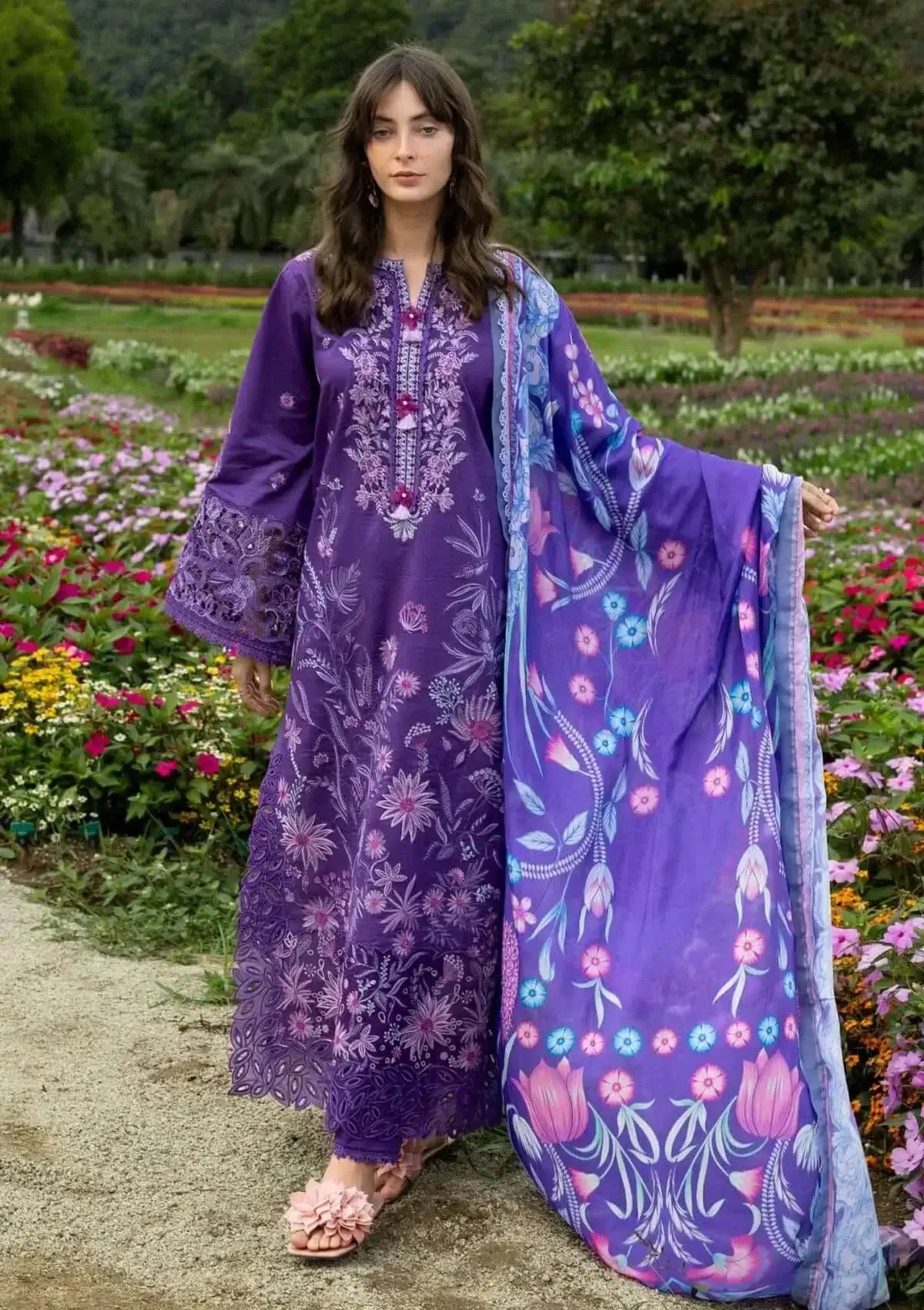 3 Piece Unstitched Heavy Embroidered Lawn Suit with Fine Printed Silk Dupatta