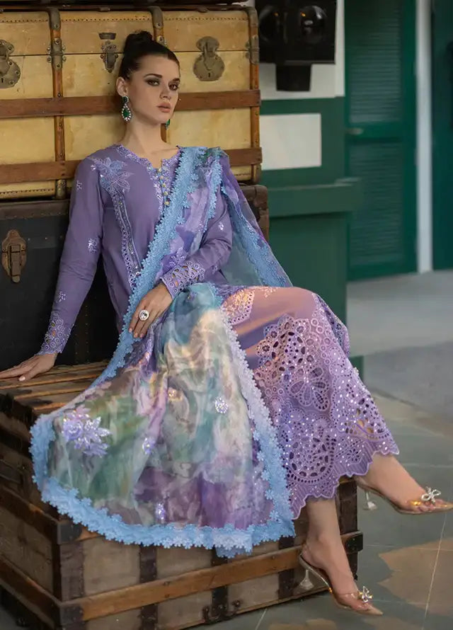 OR 86-3 Piece Unstitched Heavy Embroidered Chickan Kari Pure Lawn Suit with Four Sided Embroidered Cotton Net Dupatta