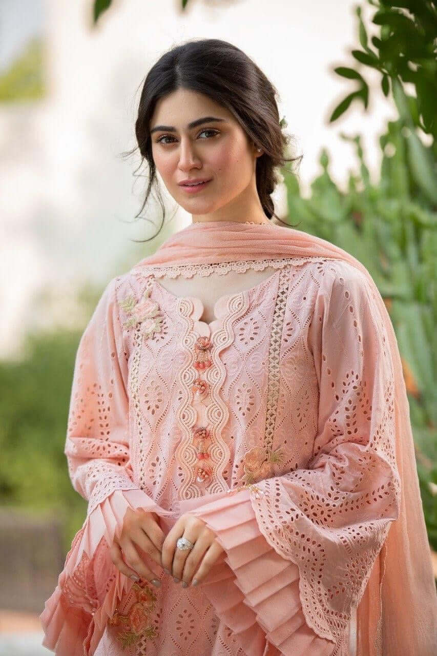 CS 34-3 Piece Unstitched Heavy Embroidered Chicken Kari Pure Lawn Suit With Heavy Embroidered Bamber Chiffon Dupatta