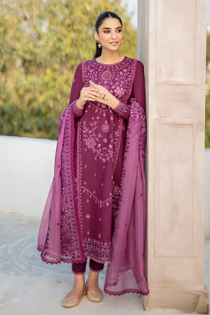 CS 84-3 Piece Unstitched Heavy Embroidered Pure Lawn Suit with Heavy Embroidered Organza Dupatta
