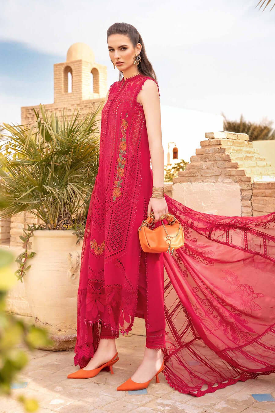 MB 2590R-3 Piece Unstitched Heavy Embroidered Chickan Kari Pure Lawn Suit with Four-Sided Embroidered Organza Dupatta