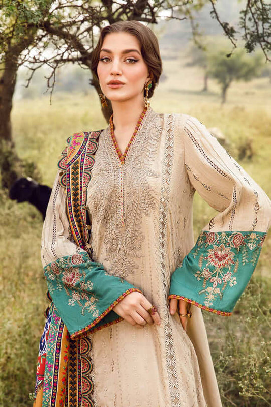 MB 2580-3 Piece Unstitched Heavy Embroidered Pure Lawn Suit with Fine Printed Lawn Dupatta