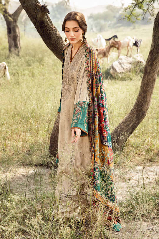 MB 2580-3 Piece Unstitched Heavy Embroidered Pure Lawn Suit with Fine Printed Lawn Dupatta