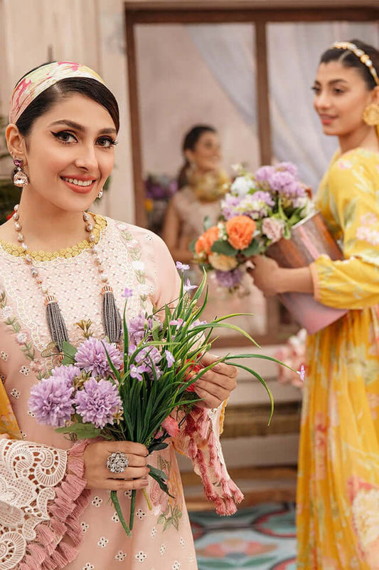 MS 22-3 Piece Unstitched Heavy Embroidered Pure Lawn Suit with Printed Silk Dupatta