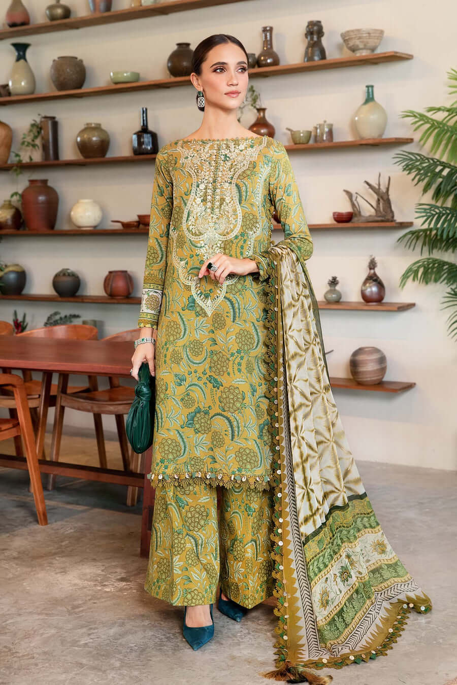 MB 456-3 Piece Unstitched Embroidered Pure Lawn Suit with Printed Lawn Dupatta