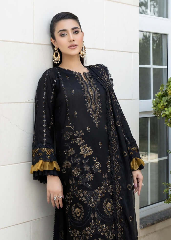 BA 06-3 Piece Unstitched Heavy Embroidered Chickan Kari Lawn Suit with Printed Fine Silk Dupatta