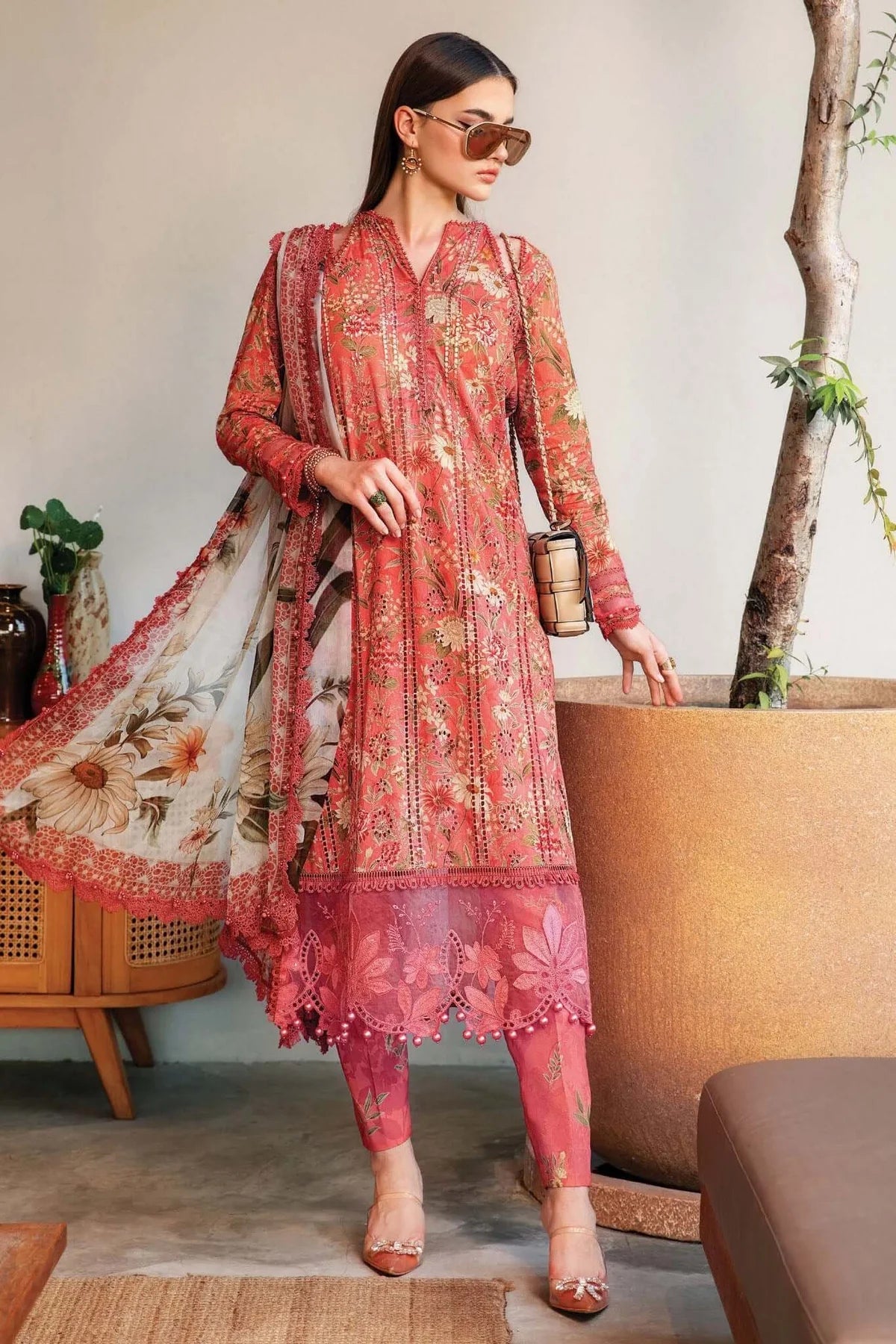 MB 470-3 Piece Unstitched Embroidered Pure Lawn Suit with Fine Printed Lawn Dupatta