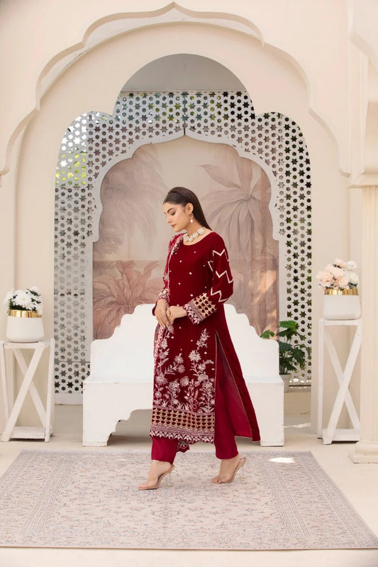 3 Piece Unstitched Embroidered Velvet Suit | Velvet Luxe