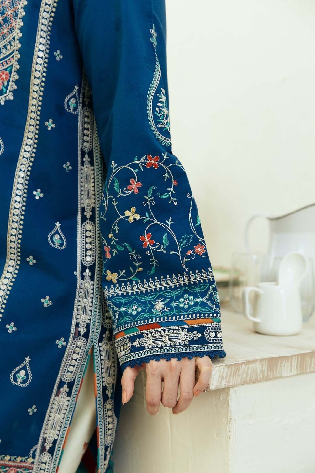 ZS 50L-3 Piece Unstitched Heavy Embroidered Pure Lawn Suit with Fine Printed Chiffon Dupatta