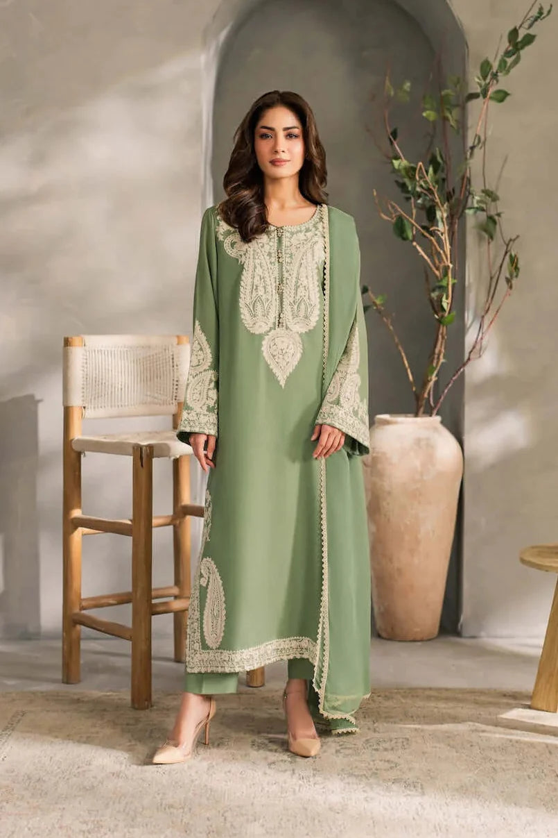 3 Piece Unstitched Heavy Embroidered Lawn Suit with Plain Bamber Chiffon Dupatta