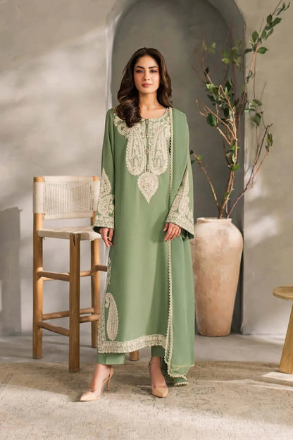3 Piece Unstitched Heavy Embroidered Lawn Suit with Plain Bamber Chiffon Dupatta