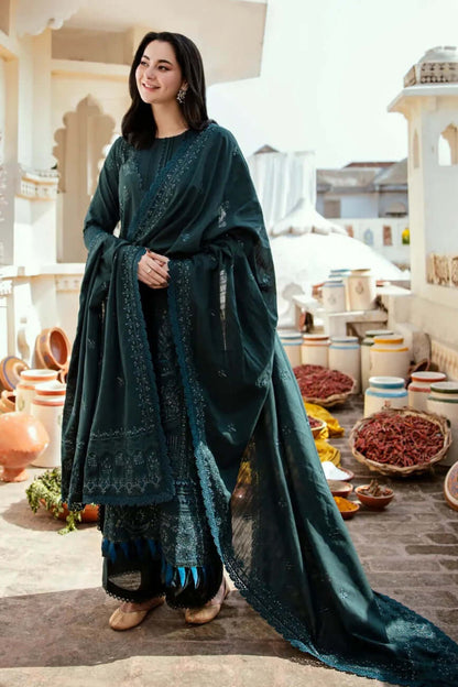 MB-935 3 Piece Unstitched Heavy Embroidered Lawn Suit with Four-sided Embroidered Lawn Dupatta