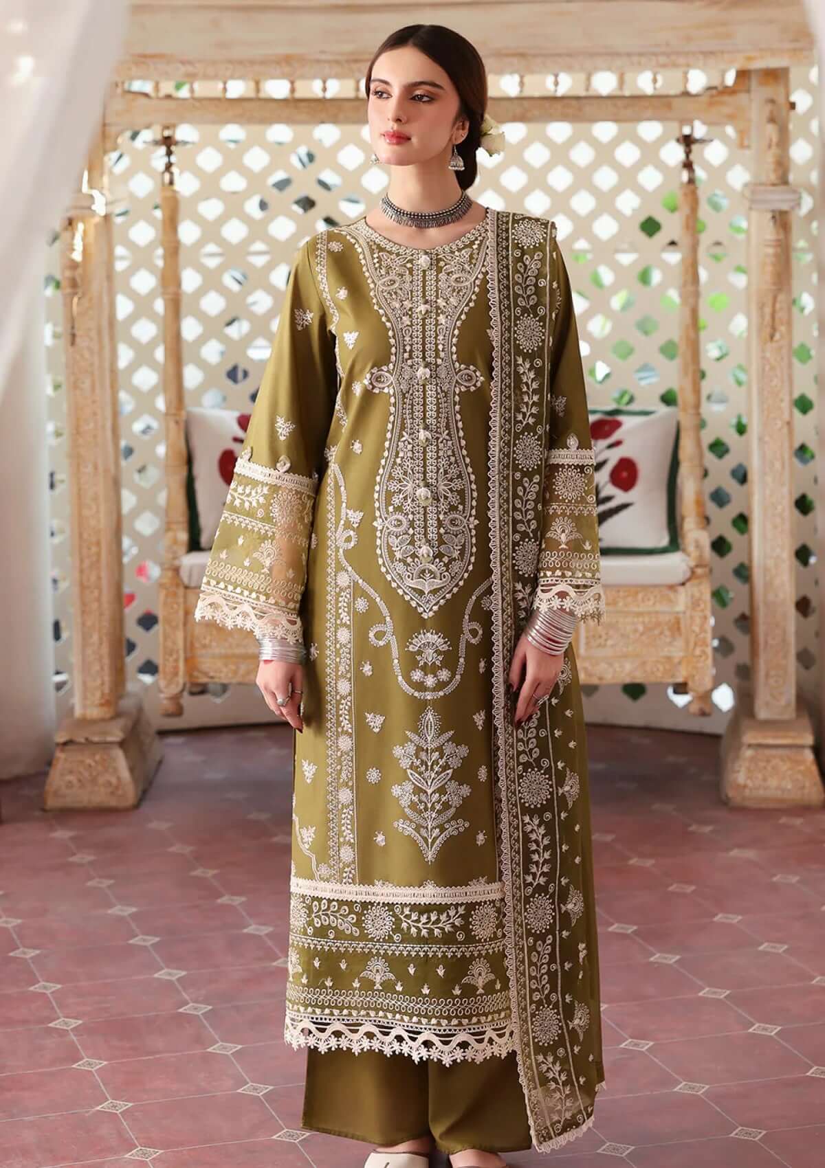 MR-590 3 Piece Unstitched Heavy Embroidered Lawn Suit with Heavy Embroidered Chiffon Dupatta