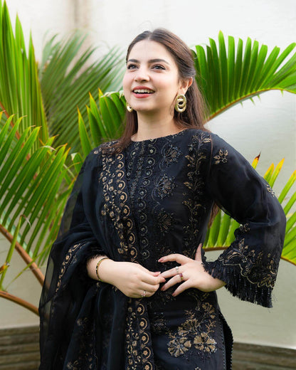 3 Piece Unstitched Heavy Embroidered Pure Lawn Suit With Heavy Embroidered Organza Dupatta