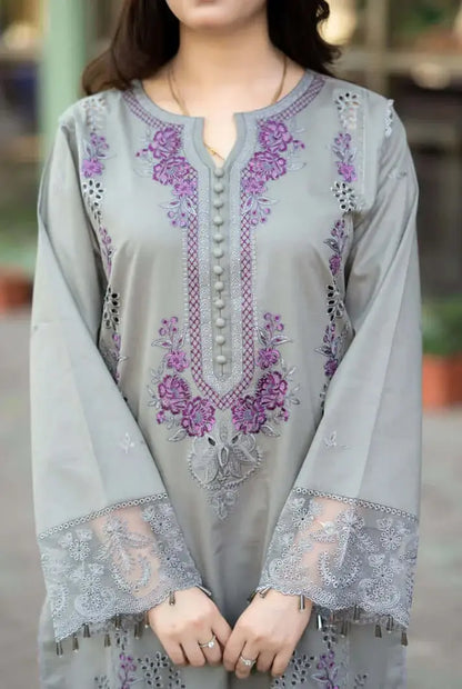 MS-170 3 Piece Unstitched Heavy Embroidered Lawn Suit with Four-sided Embroidered Chiffon Dupatta