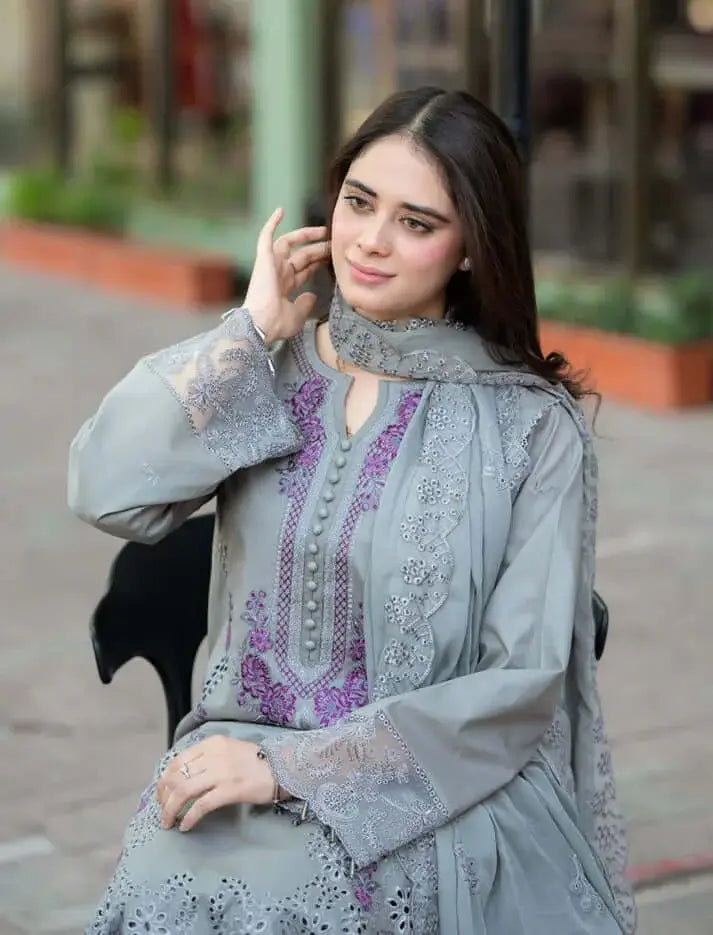 MS-170 3 Piece Unstitched Heavy Embroidered Lawn Suit with Four-sided Embroidered Chiffon Dupatta