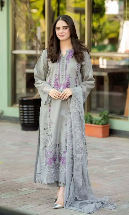 MS-170 3 Piece Unstitched Heavy Embroidered Lawn Suit with Four-sided Embroidered Chiffon Dupatta