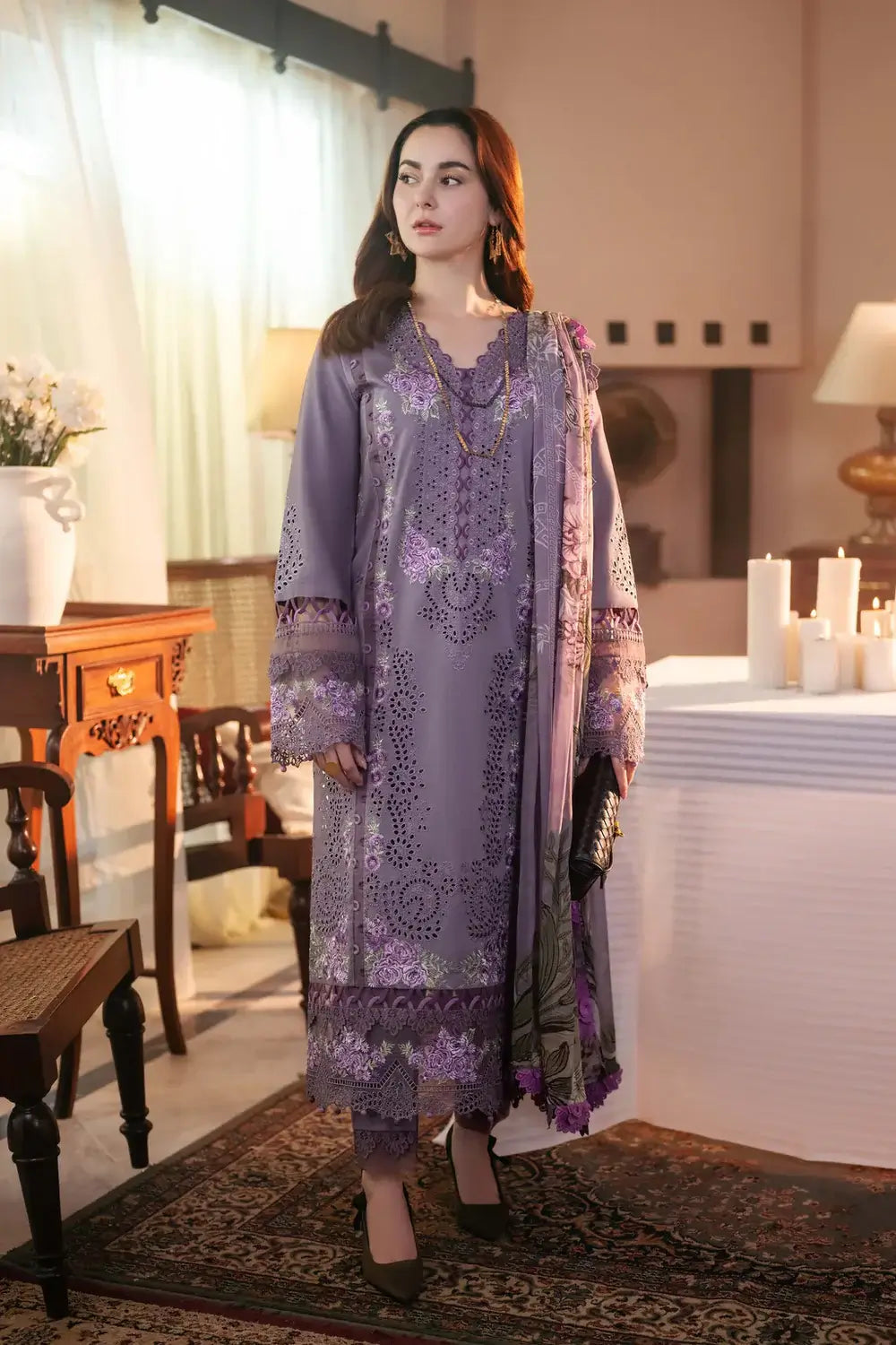 JD-2680 3 Piece Unstitched Heavy Embroidered Lawn Suit with Fine Printed Cambric Dupatta