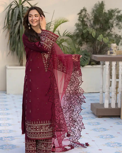 QL-2685 3 Piece Unstitched Heavy Embroidered Lawn Suit with Four-sided Embroidered Organza Dupatta