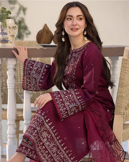 QL-2685 3 Piece Unstitched Heavy Embroidered Lawn Suit with Four-sided Embroidered Organza Dupatta