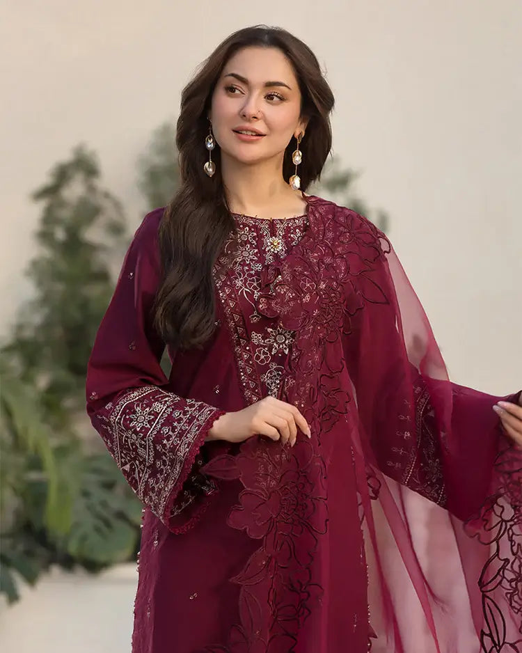 QL-2685 3 Piece Unstitched Heavy Embroidered Lawn Suit with Four-sided Embroidered Organza Dupatta