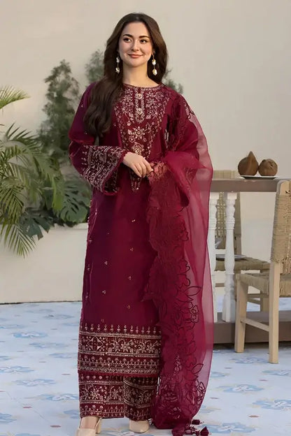 QL-2685 3 Piece Unstitched Heavy Embroidered Lawn Suit with Four-sided Embroidered Organza Dupatta