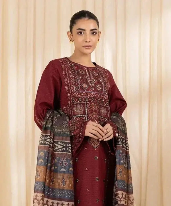 3 Piece Unstitched Heavy Embroidered Lawn Suit with Fine Printed Lawn Dupatta