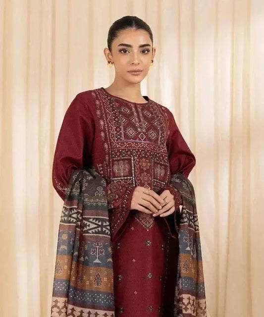 3 Piece Unstitched Heavy Embroidered Lawn Suit with Fine Printed Lawn Dupatta