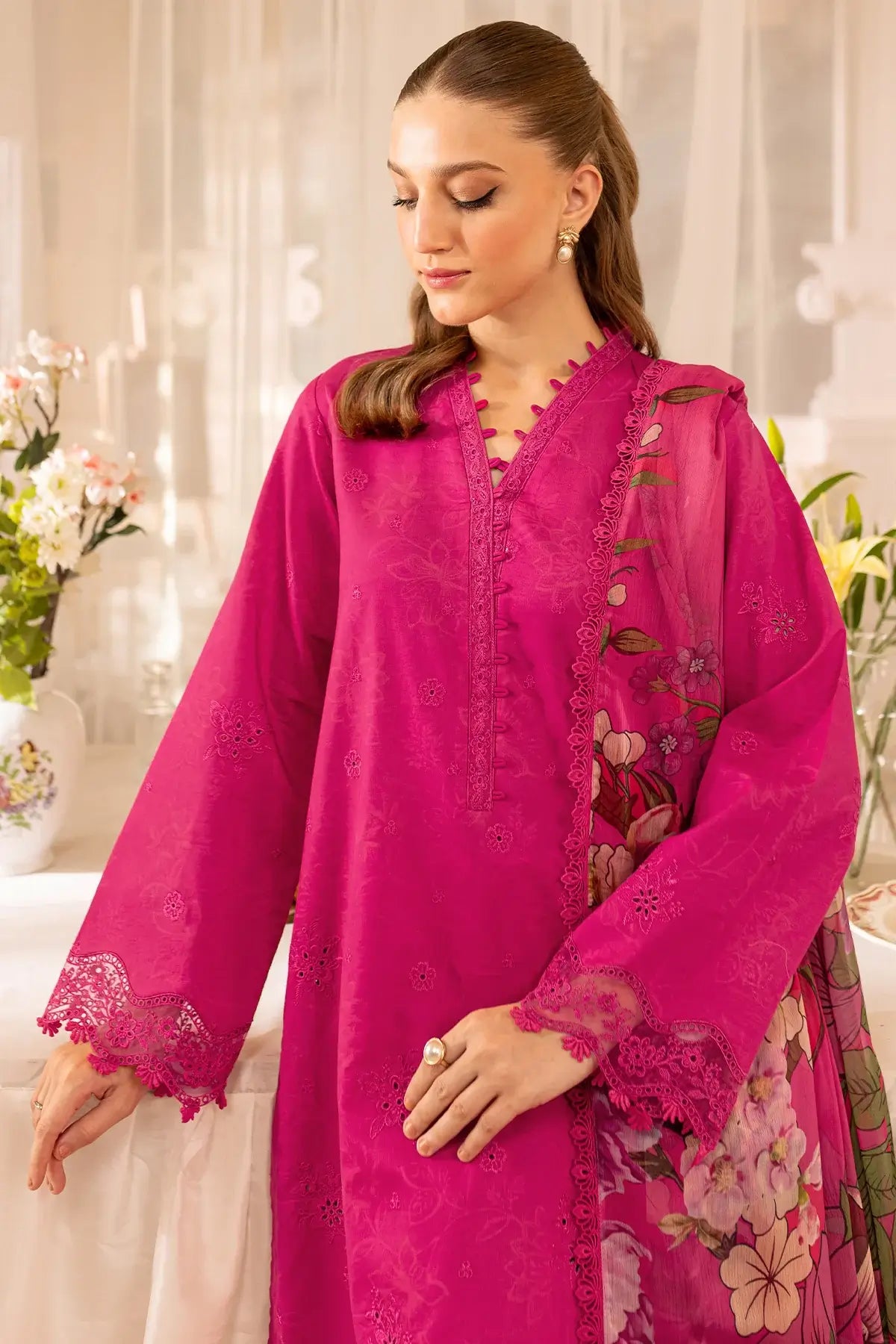 FR-2725 3 Piece Unstitched Heavy Embroidered Chickan Kari Lawn Suit with Fine Printed Silk Dupatta