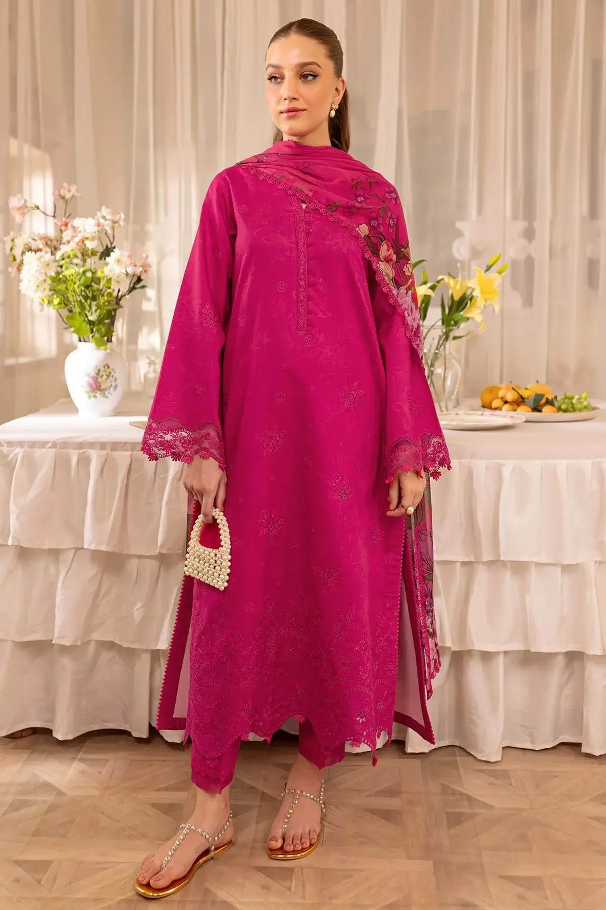 FR-2725 3 Piece Unstitched Heavy Embroidered Chickan Kari Lawn Suit with Fine Printed Silk Dupatta
