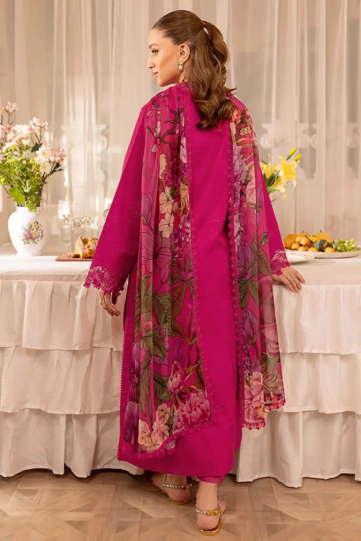 FR-2725 3 Piece Unstitched Heavy Embroidered Chickan Kari Lawn Suit with Fine Printed Silk Dupatta