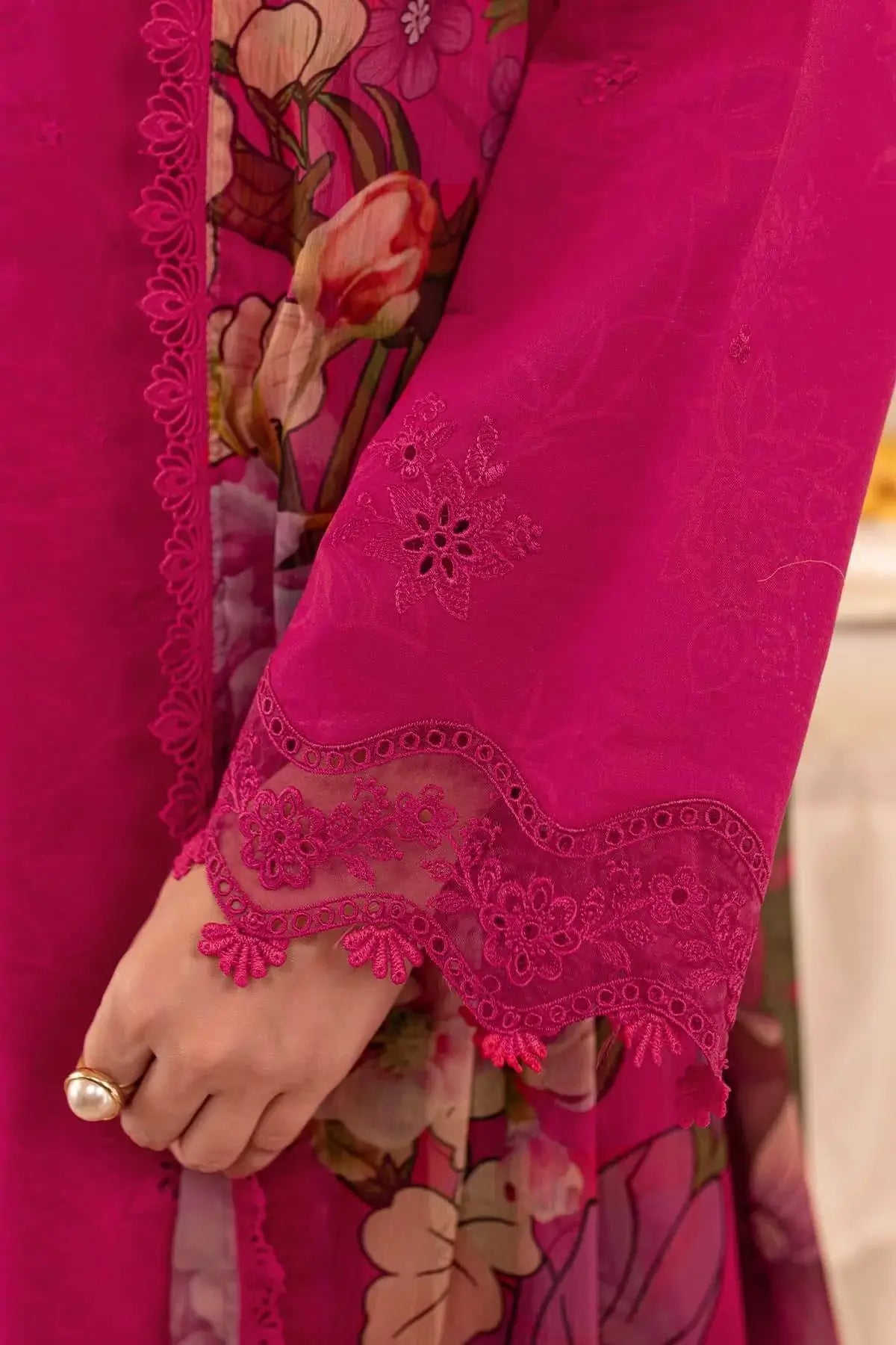 FR-2725 3 Piece Unstitched Heavy Embroidered Chickan Kari Lawn Suit with Fine Printed Silk Dupatta