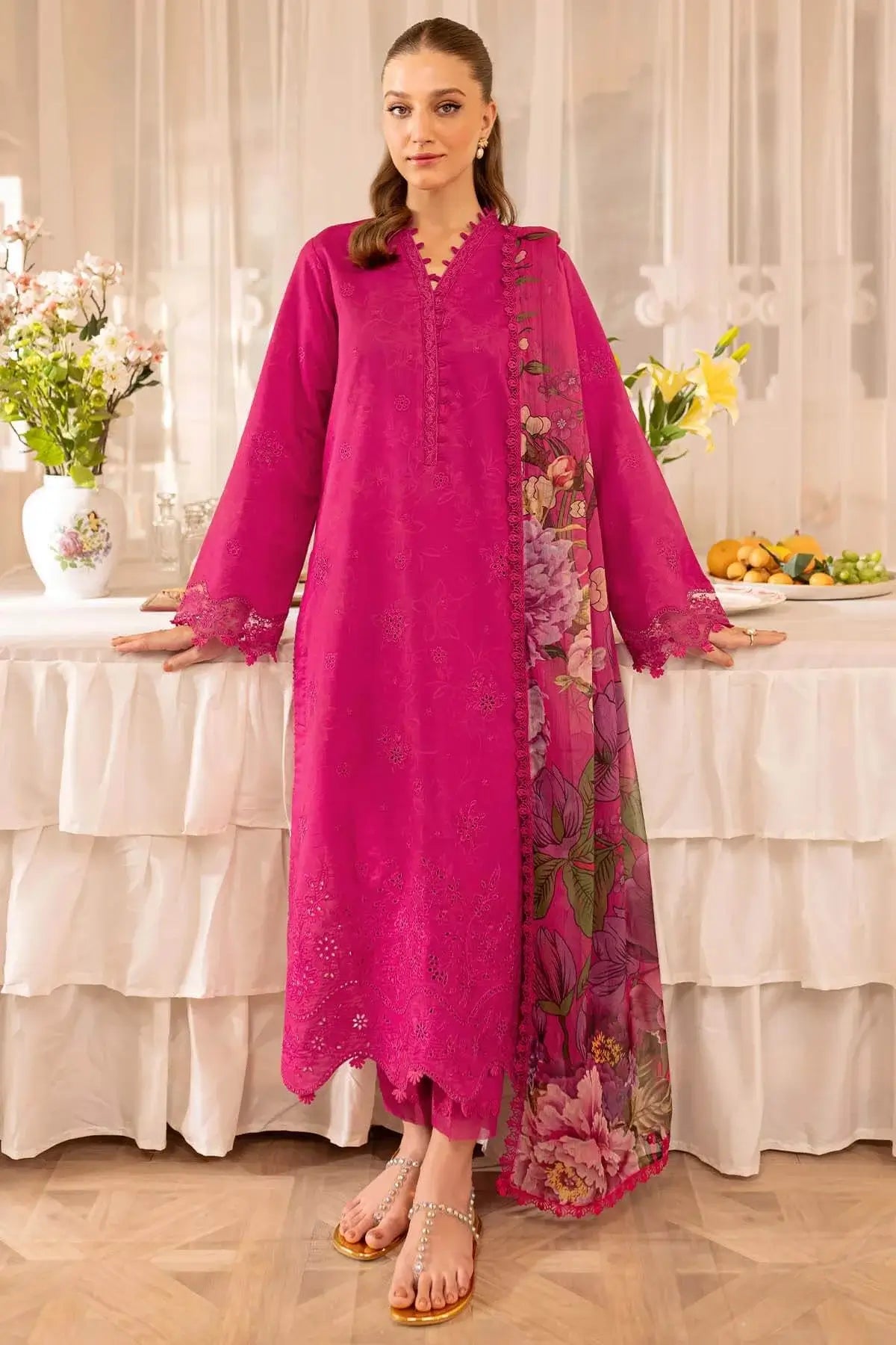 FR-2725 3 Piece Unstitched Heavy Embroidered Chickan Kari Lawn Suit with Fine Printed Silk Dupatta