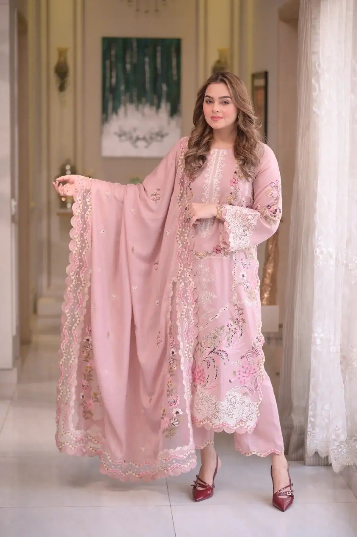 3 Piece Unstitched Heavy Embroidered Chickan Kari Lawn Suit with Four-sided Embroidered Lawn Dupatta