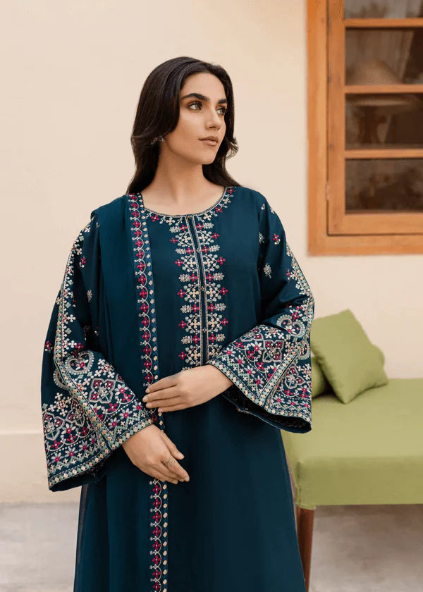 LM-585 3 Piece Unstitched Heavy Embroidered Lawn Suit with Four-sided Embroidered Chiffon Dupatta