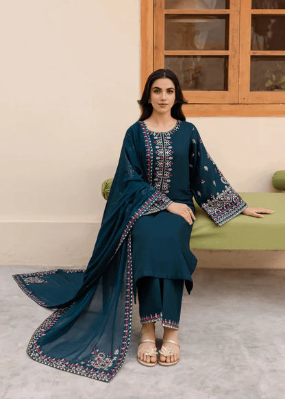 LM-585 3 Piece Unstitched Heavy Embroidered Lawn Suit with Four-sided Embroidered Chiffon Dupatta