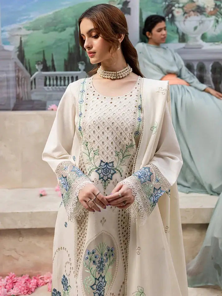 MR-2730 3 Piece Unstitched Heavy Embroidered Chickan Kari Lawn Suit with Four-sided Embroidered Lawn Dupatta
