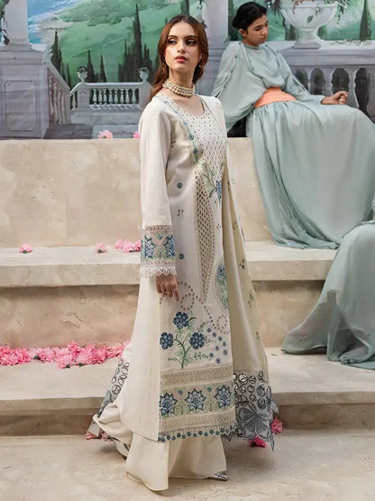 MR-2730 3 Piece Unstitched Heavy Embroidered Chickan Kari Lawn Suit with Four-sided Embroidered Lawn Dupatta