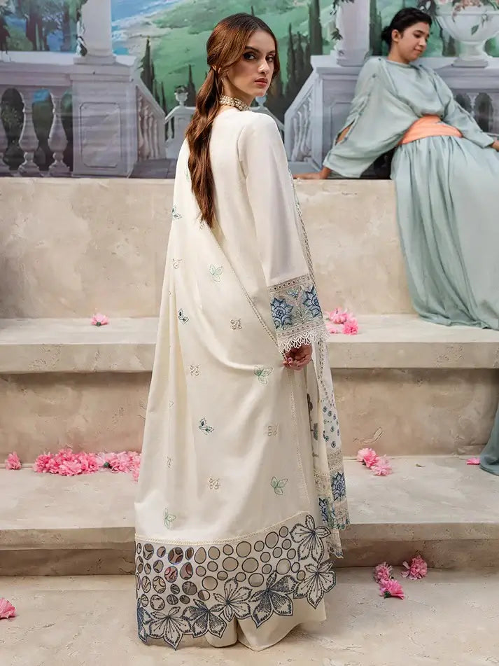 MR-2730 3 Piece Unstitched Heavy Embroidered Chickan Kari Lawn Suit with Four-sided Embroidered Lawn Dupatta