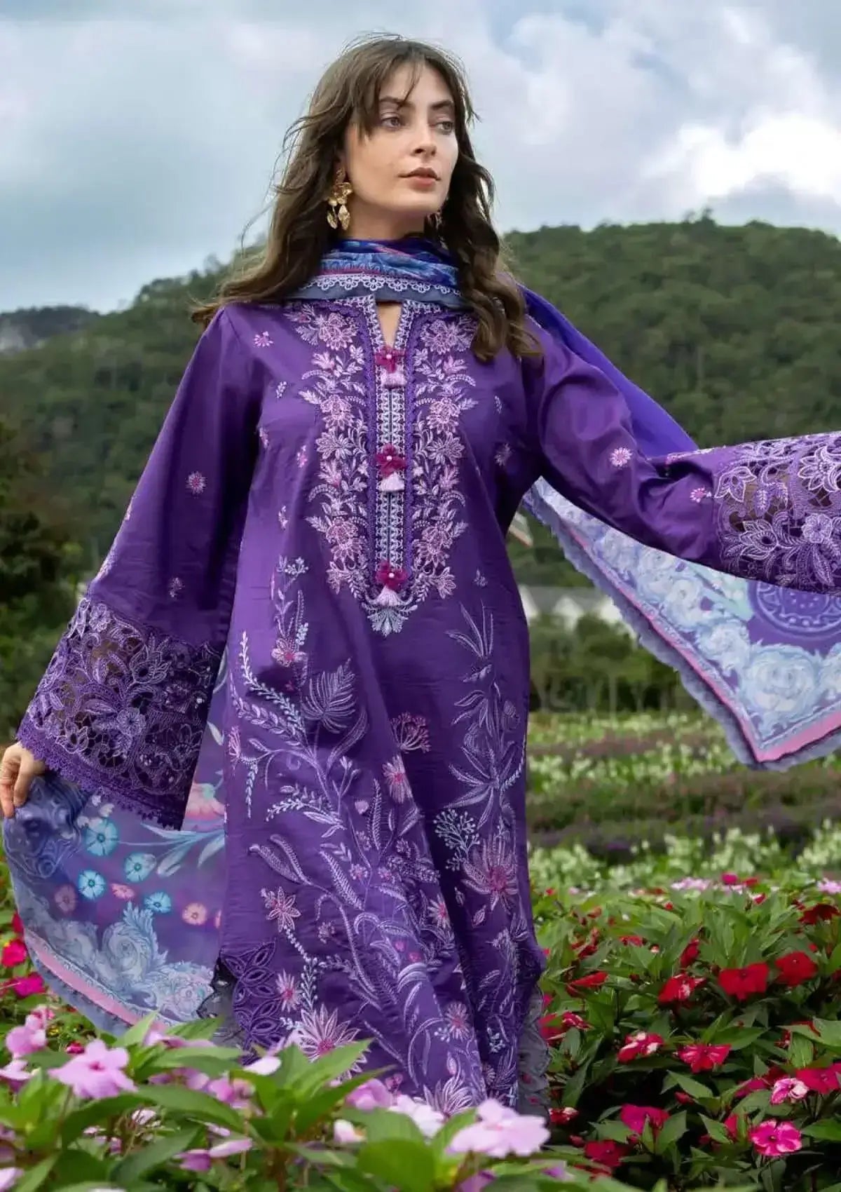 3 Piece Unstitched Heavy Embroidered Lawn Suit with Fine Printed Silk Dupatta