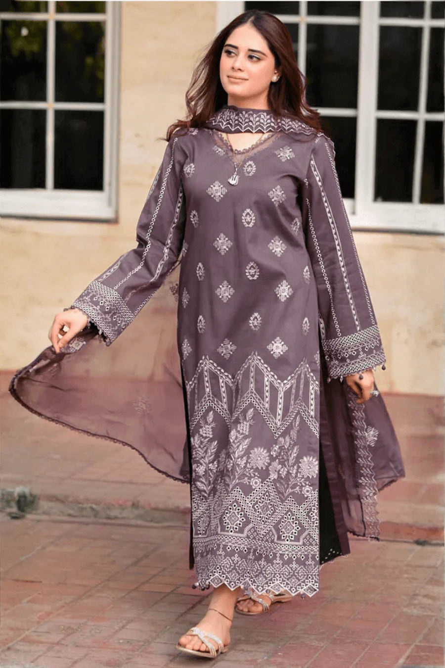 NS-915 3 Piece Unstitched Heavy Embroidered Lawn Suit with Heavy Embroidered Chiffon Dupatta
