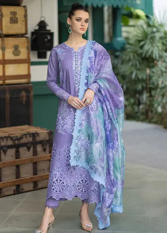 OR 86-3 Piece Unstitched Heavy Embroidered Chickan Kari Pure Lawn Suit with Four Sided Embroidered Cotton Net Dupatta