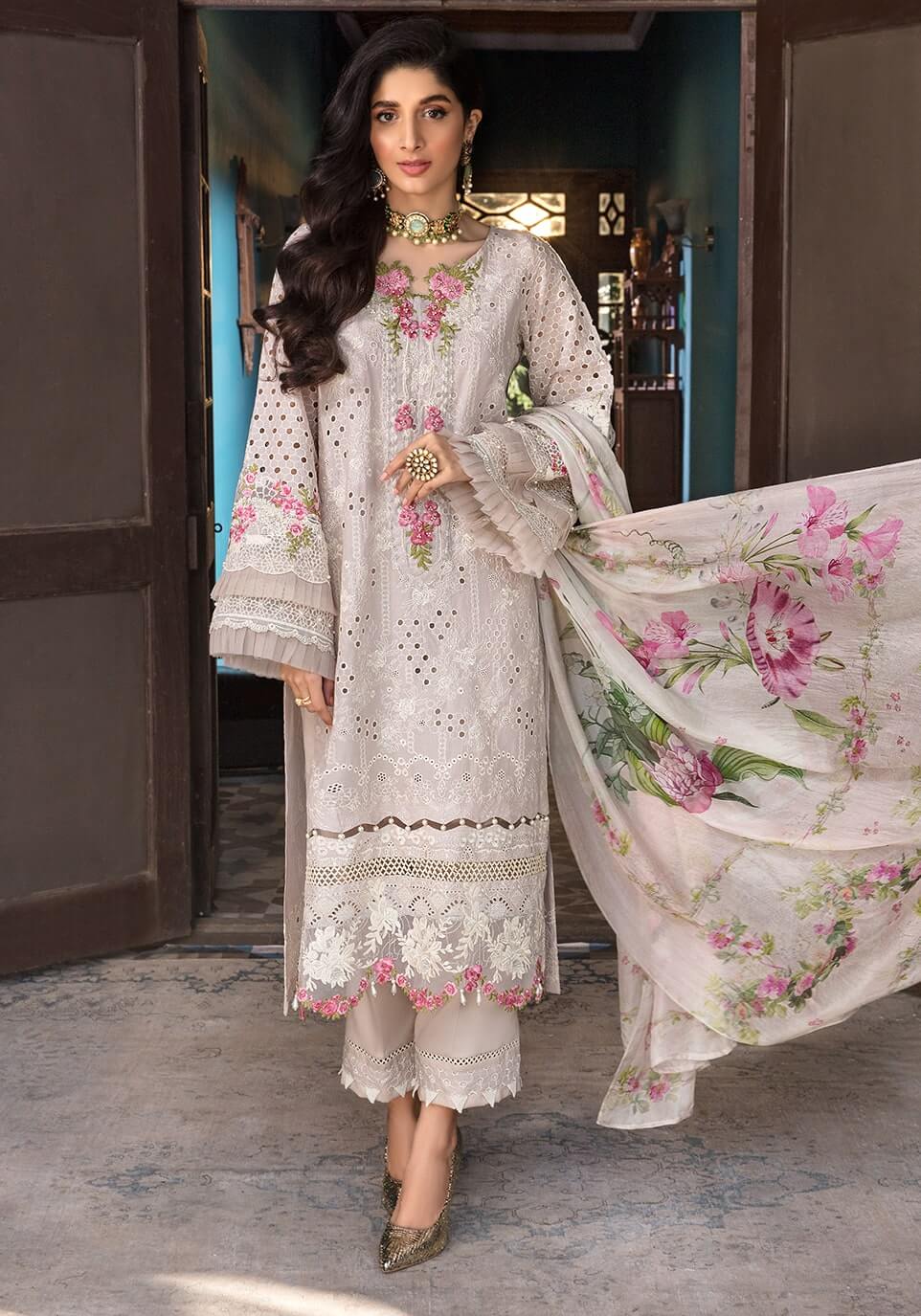 EL 12-3 Piece Unstitched Heavy Embroidered Chickan Kari Pure Lawn Suit with Printed Silk Dupatta
