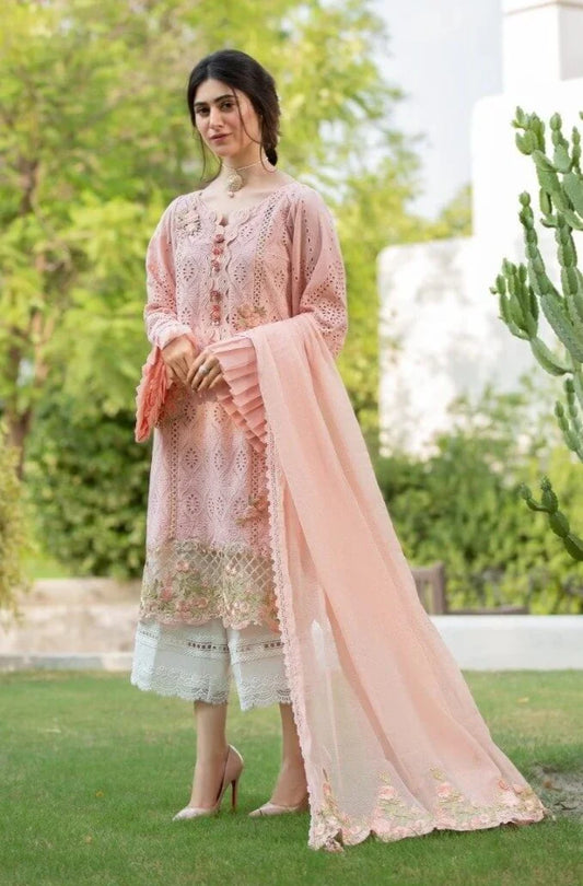 CS 34-3 Piece Unstitched Heavy Embroidered Chicken Kari Pure Lawn Suit With Heavy Embroidered Bamber Chiffon Dupatta