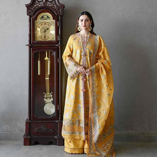 SP 2510-3 Piece Unstitched Heavy Embroidered Pure Lawn Suit with Heavy Embroidered Organza Dupatta