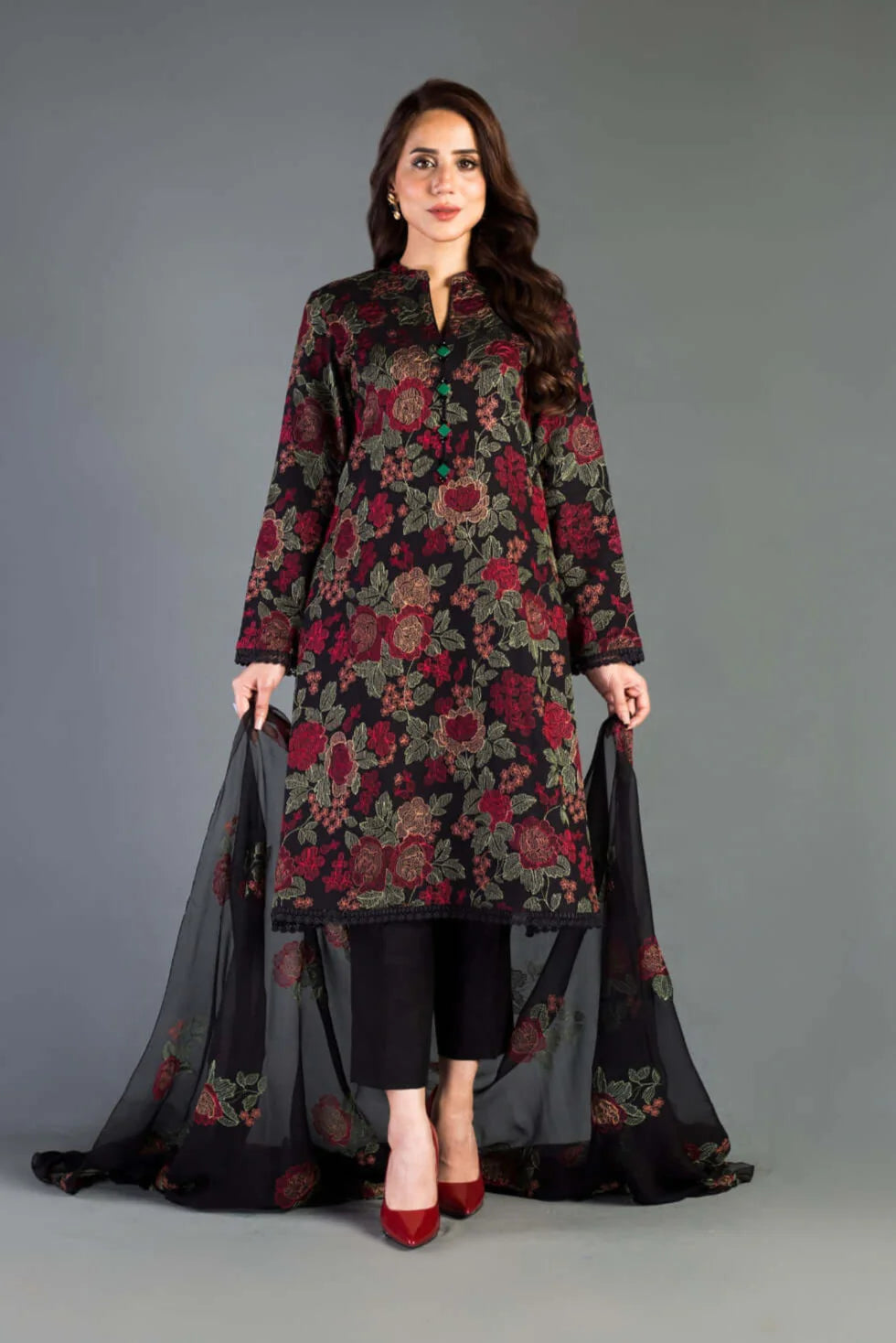 BR 345-3 Piece Unstitched Heavy Embroidered Pure Lawn Suit With Heavy Embroidered Bamber Chiffon Dupatta